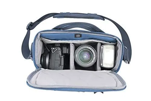 Blue padded camera shoulder bag with gear