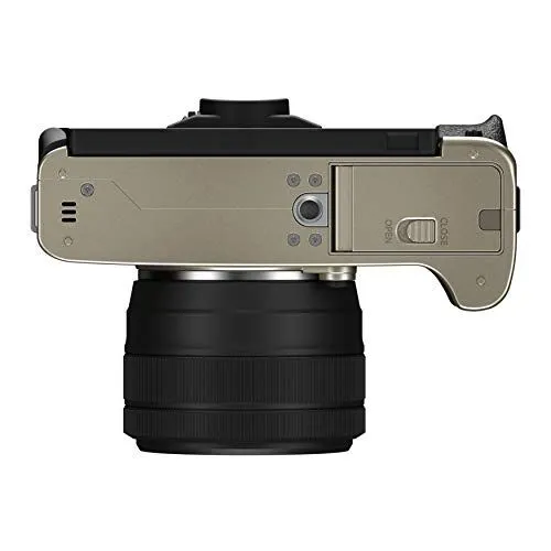 Bottom view of a silver and black mirrorless camera