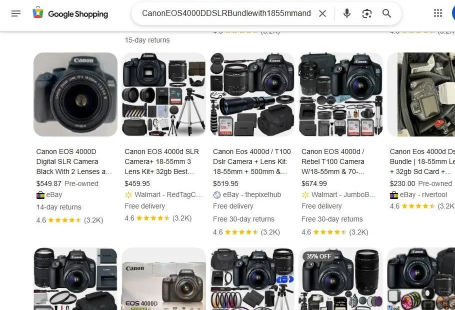 Canon EOS 4000D Shopping Results