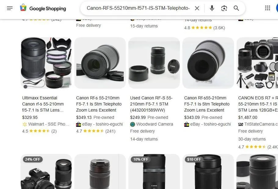 Canon RF-S 55-210mm Lens Search Results