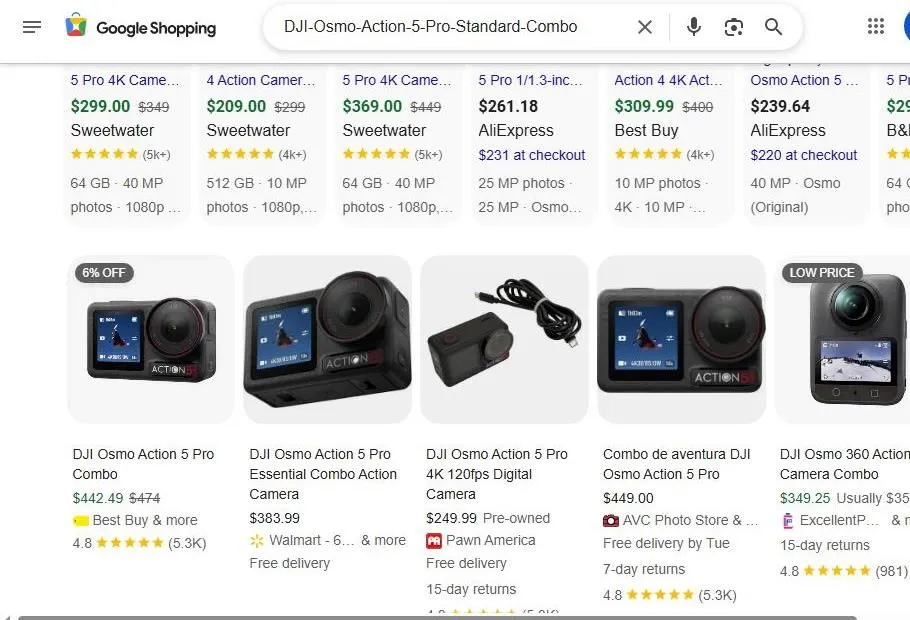 DJI Osmo Action 5 Pro Google Shopping Results