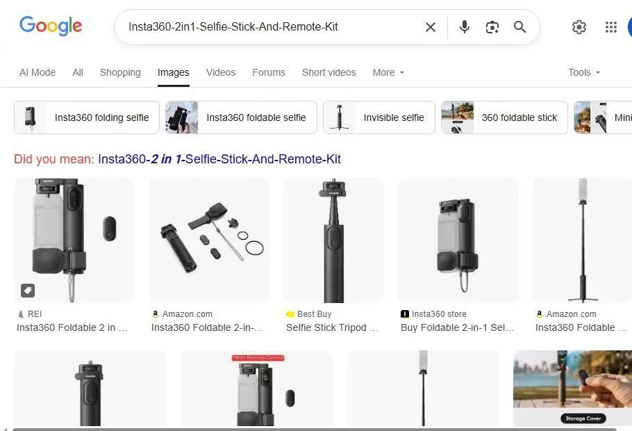 Google Image search results for Insta360 selfie stick and remote kit