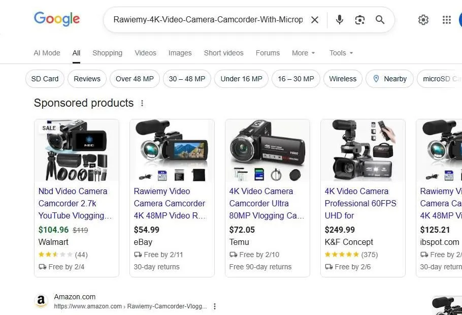 Google Search Results for 4K Video Cameras