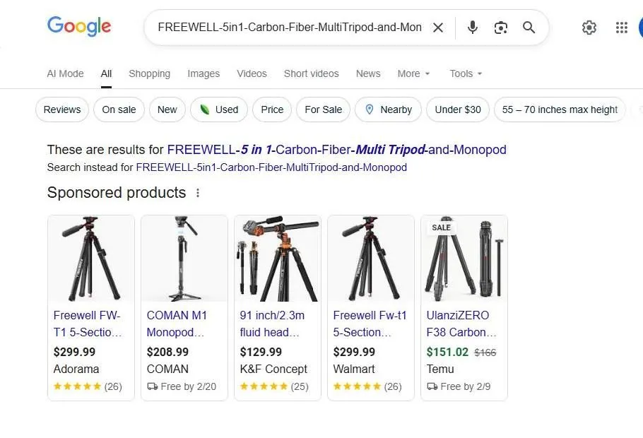 Google search results for a Freewell carbon fiber tripod
