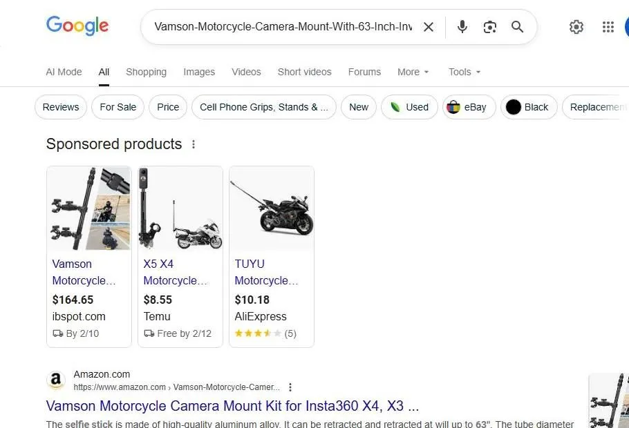 Google search results for a Vamson motorcycle camera mount