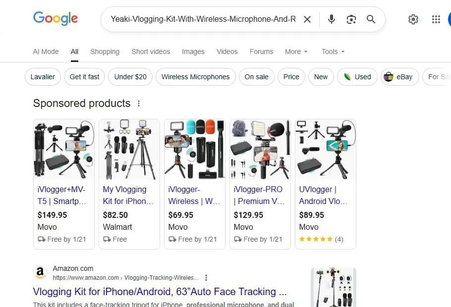 Google search results for a vlogging kit with wireless microphone
