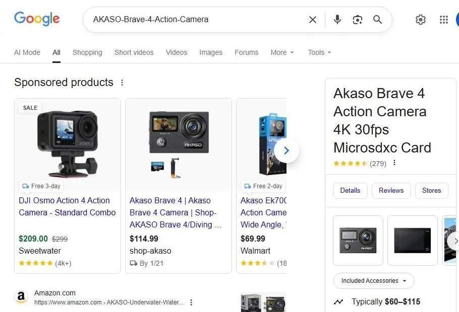 Google Search Results for AKASO Brave 4 Action Camera