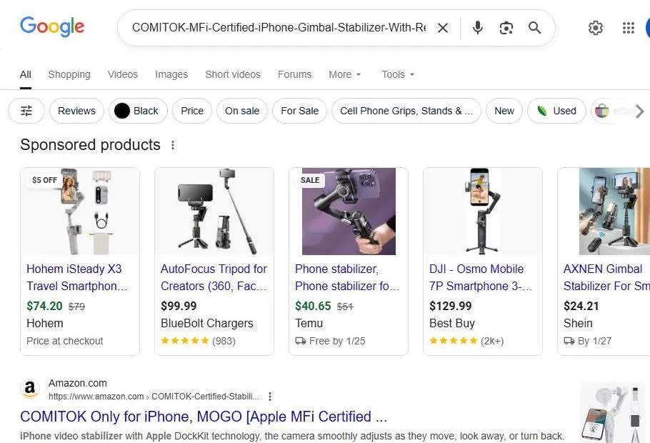 Google Search results for an iPhone gimbal stabilizer