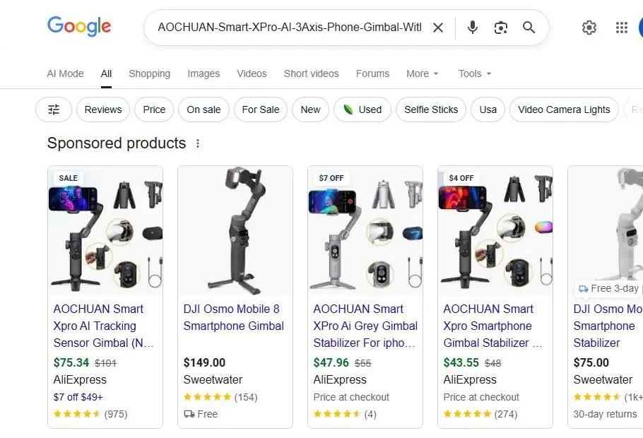 Google search results for AOCHUAN and DJI smartphone gimbals