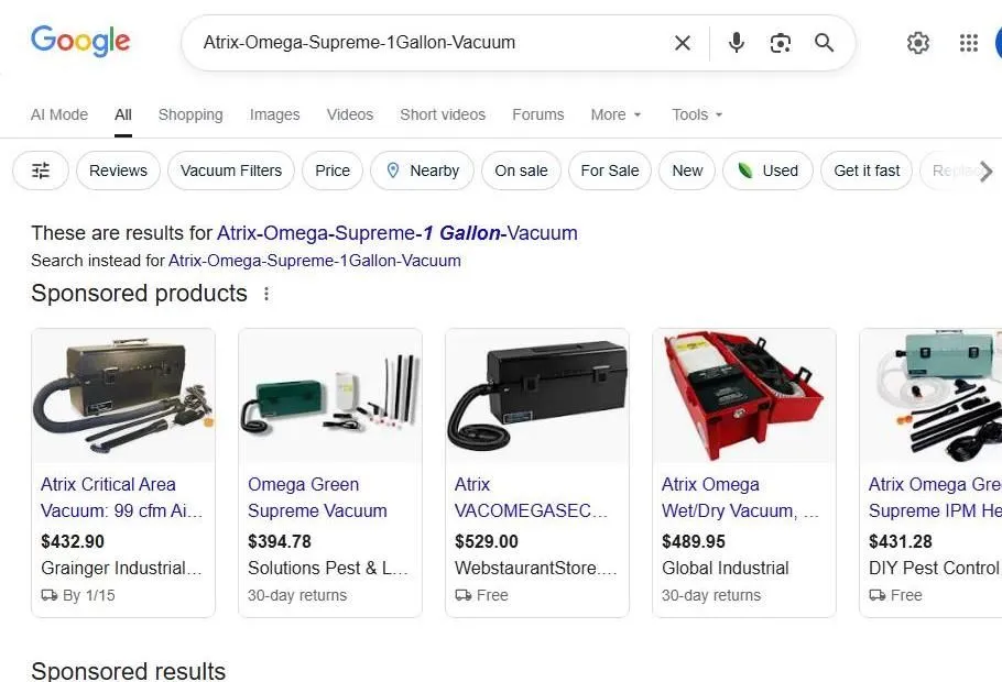 Google Search Results for Atrix Omega Supreme Vacuum