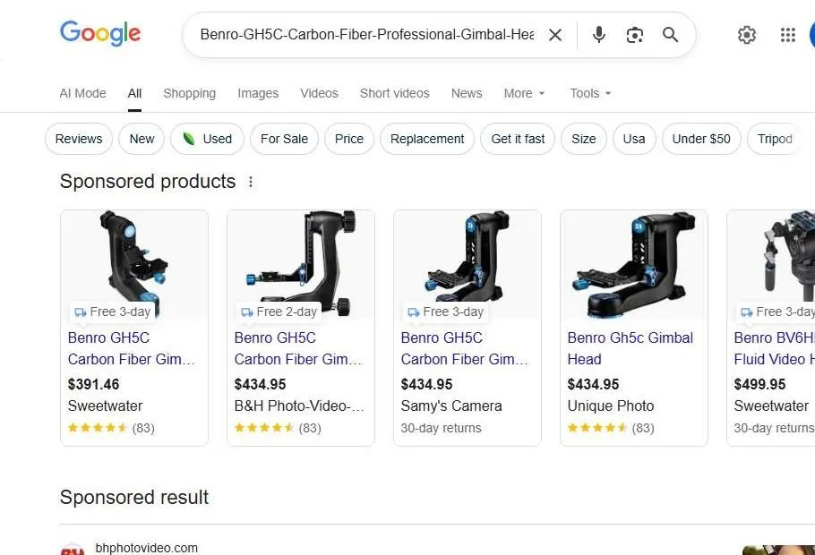 Google search results for Benro GH5C gimbal head