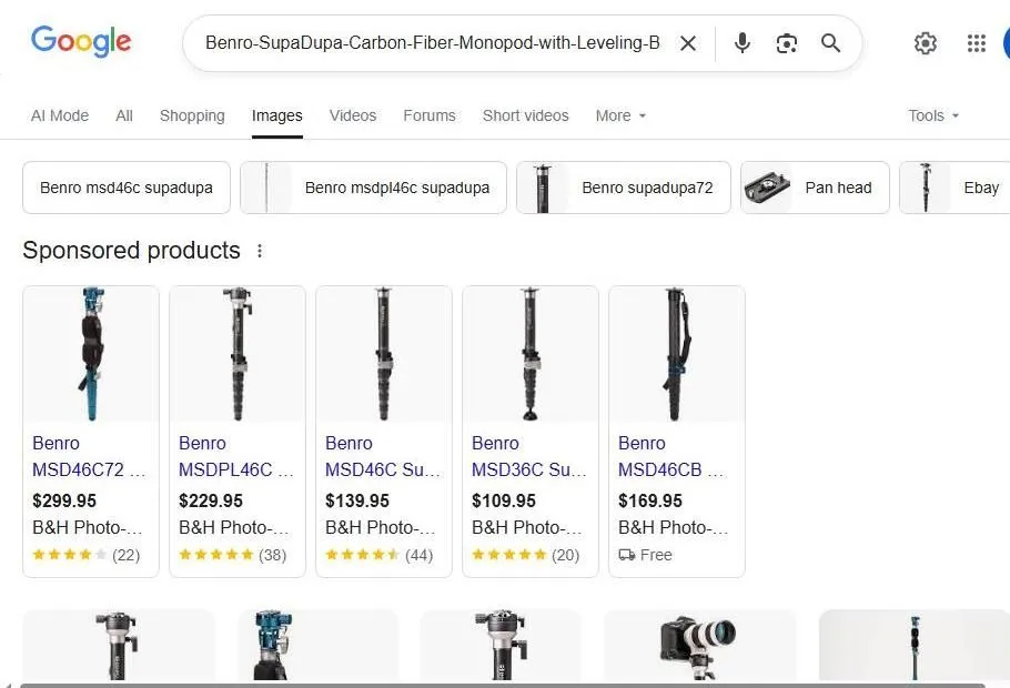 Google Search results for Benro SupaDupa monopods