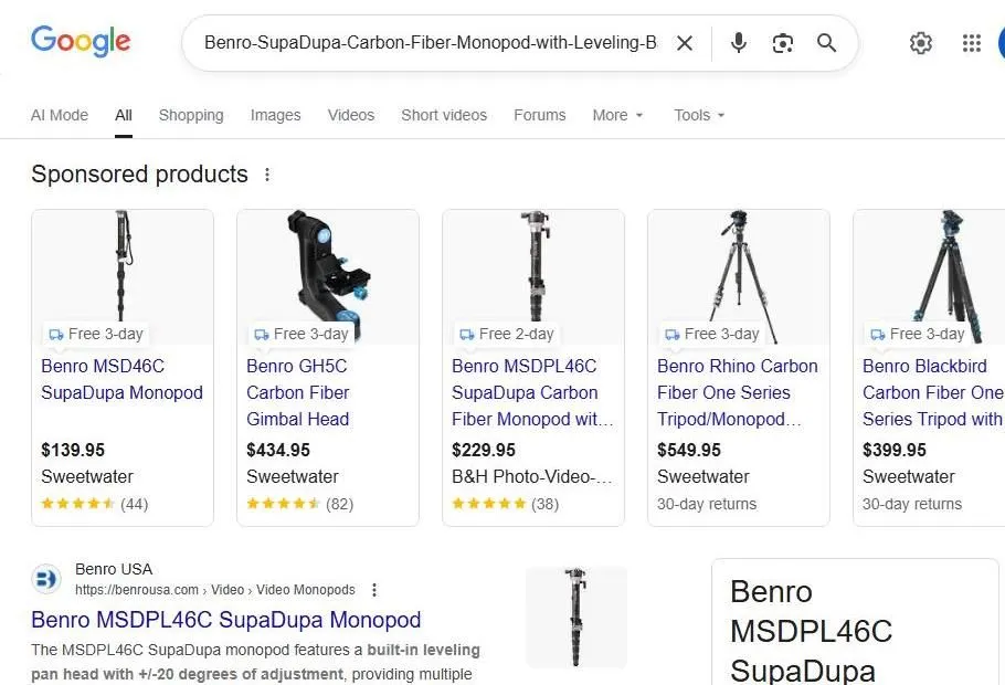 Google Search Results for Benro SupaDupa Monopods