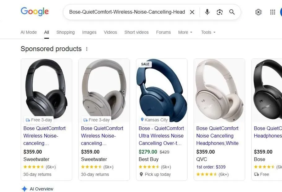 Google Search Results for Bose QuietComfort Headphones