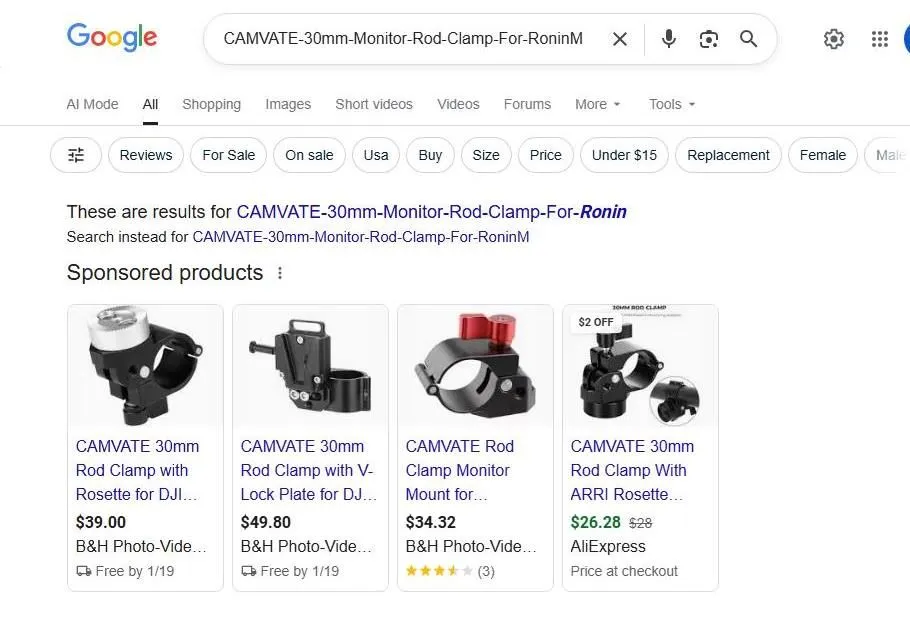 Google search results for CAMVATE 30mm rod clamps