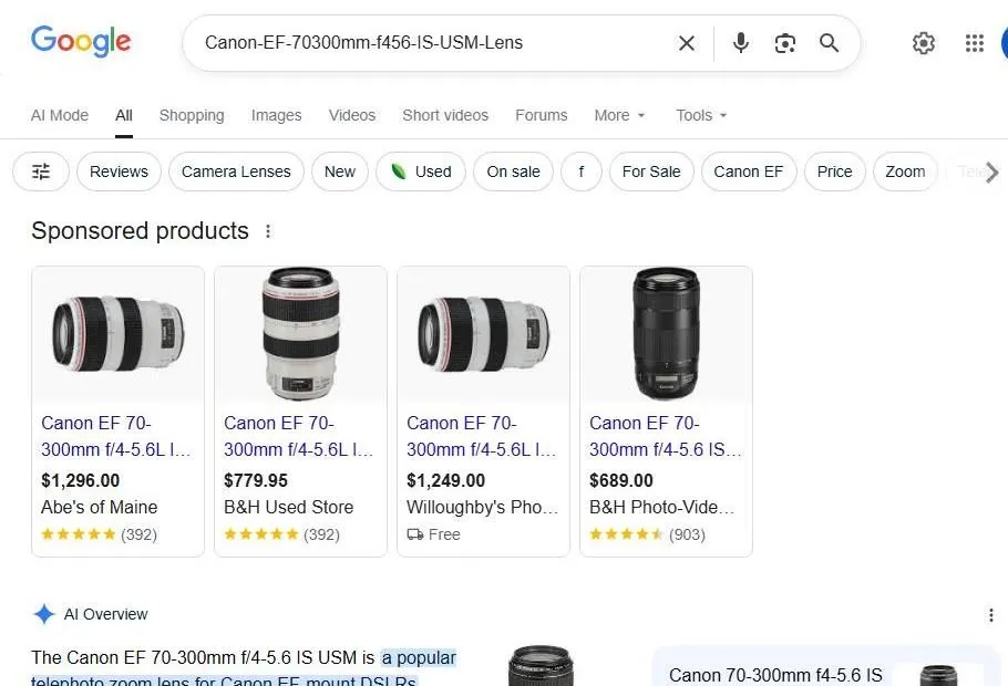 Google Search Results for Canon EF 70-300mm Lens