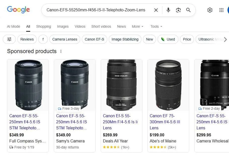 Google Search Results for Canon EF-S 55-250mm Telephoto Lenses