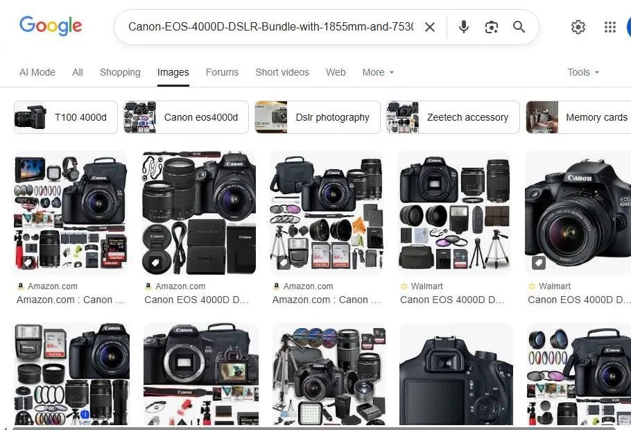 Google Search Results for Canon EOS 4000D Camera Bundles