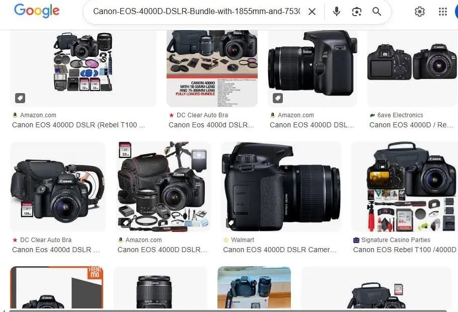 Google search results for Canon EOS 4000D camera bundles