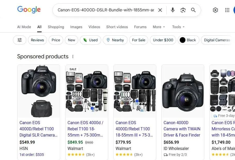 Google Search Results for Canon EOS 4000D Camera Bundles