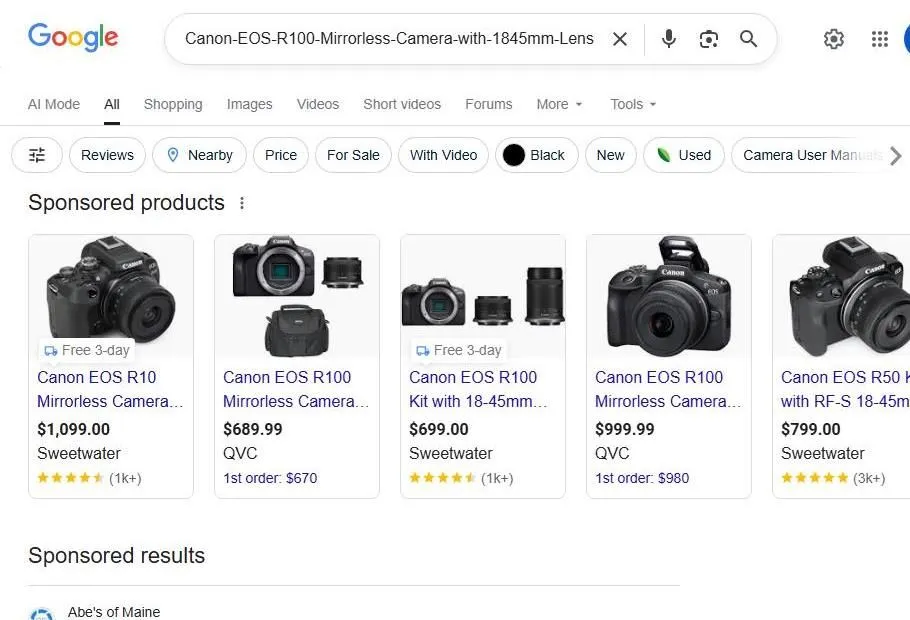 Google Search Results for Canon EOS R100 Camera
