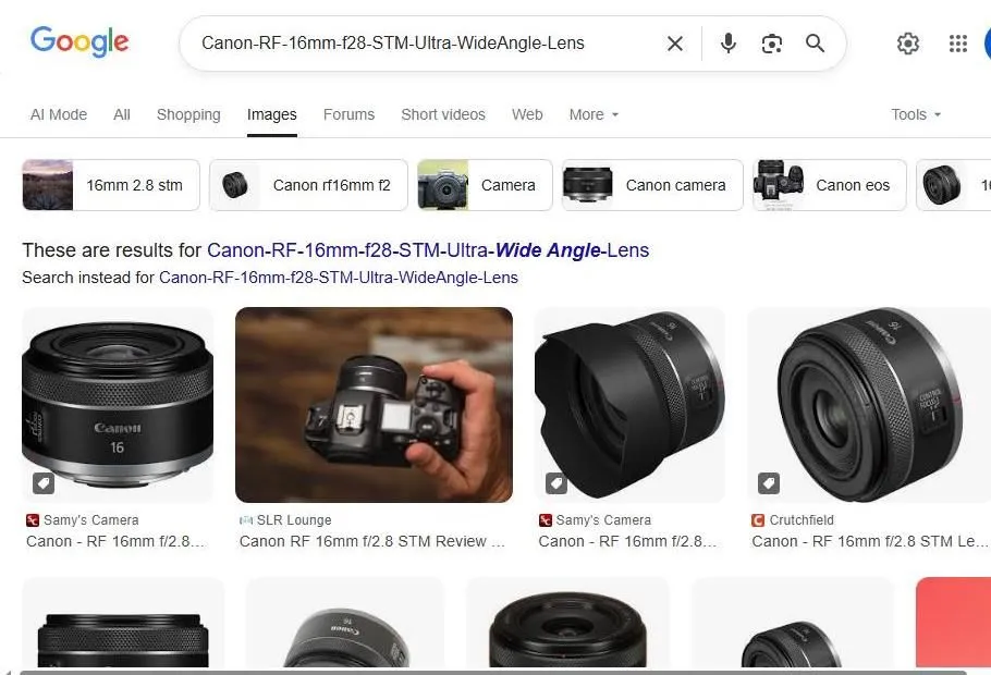 Google Search Results for Canon RF 16mm Lens