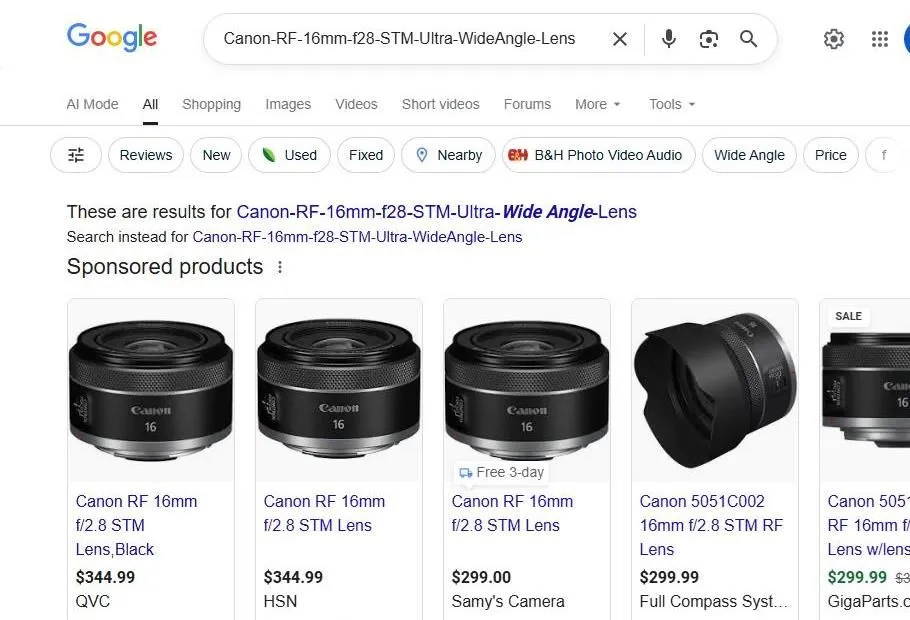 Google Search Results for Canon RF 16mm Lens