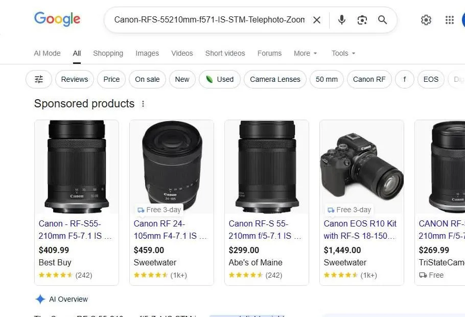 Google Search Results for Canon RF-S 55-210mm Lens