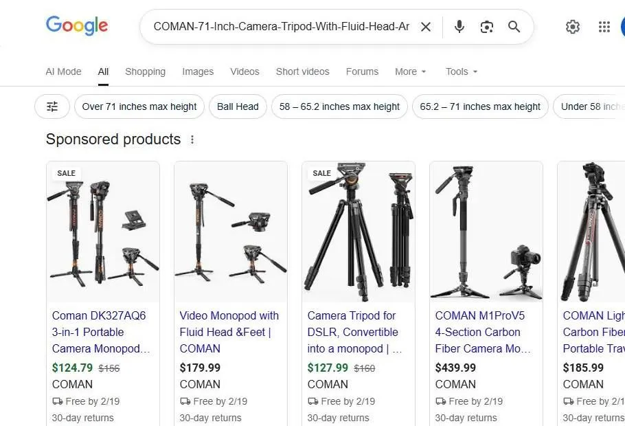 Google Search Results for COMAN Camera Tripods