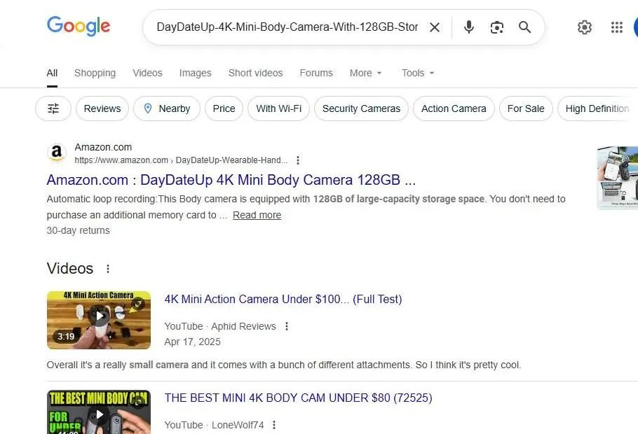 Google Search Results for DayDateUp 4K Mini Body Camera
