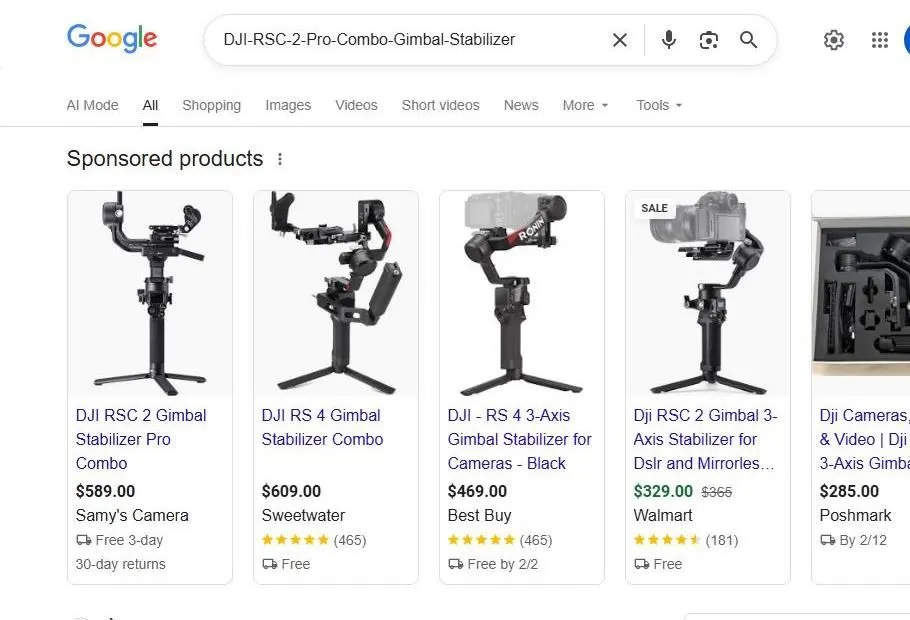 Google Search Results for DJI Gimbal Stabilizers