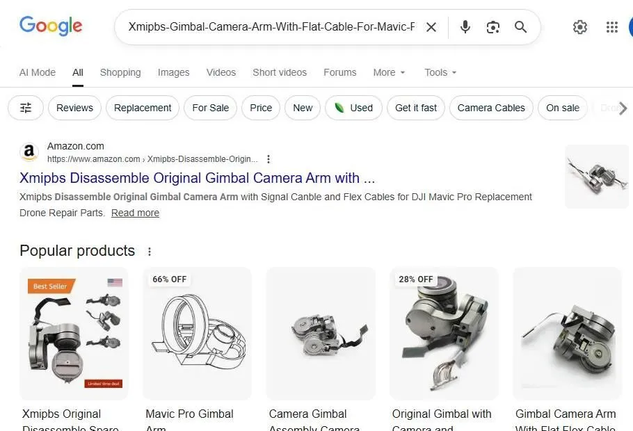 Google search results for DJI Mavic Pro gimbal replacement parts