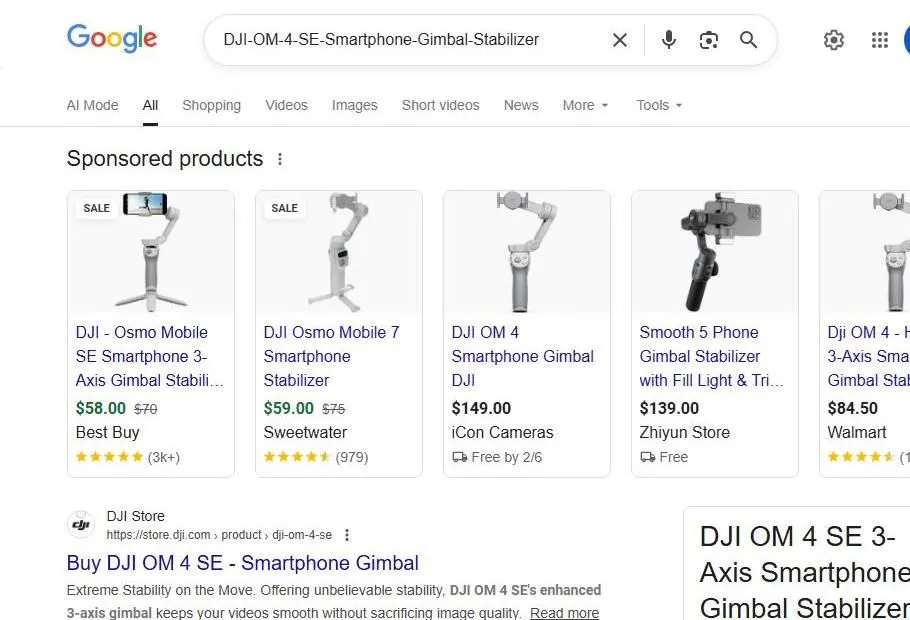 Google Search Results for DJI OM 4 SE Smartphone Gimbal