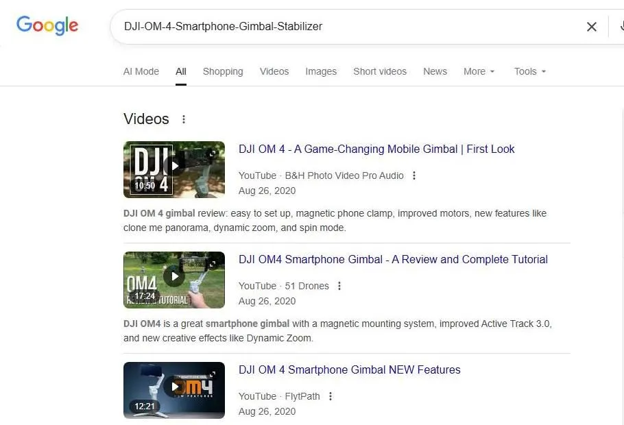 Google search results for DJI OM 4 smartphone gimbal