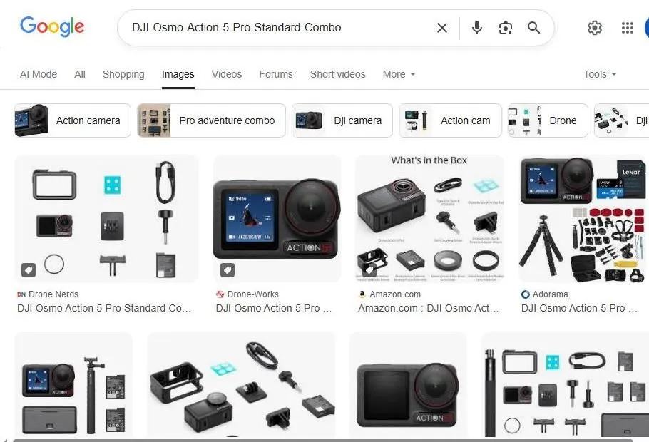 Google Search Results for DJI Osmo Action 5 Pro Standard Combo