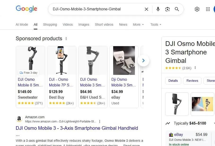 Google Search Results for DJI Osmo Mobile 3 Gimbal