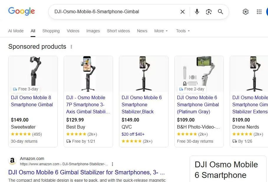 Google Search Results for DJI Osmo Mobile Gimbal