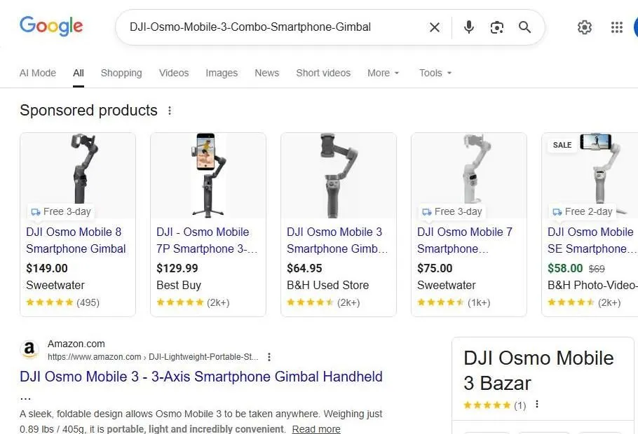 Google search results for DJI Osmo Mobile smartphone gimbals