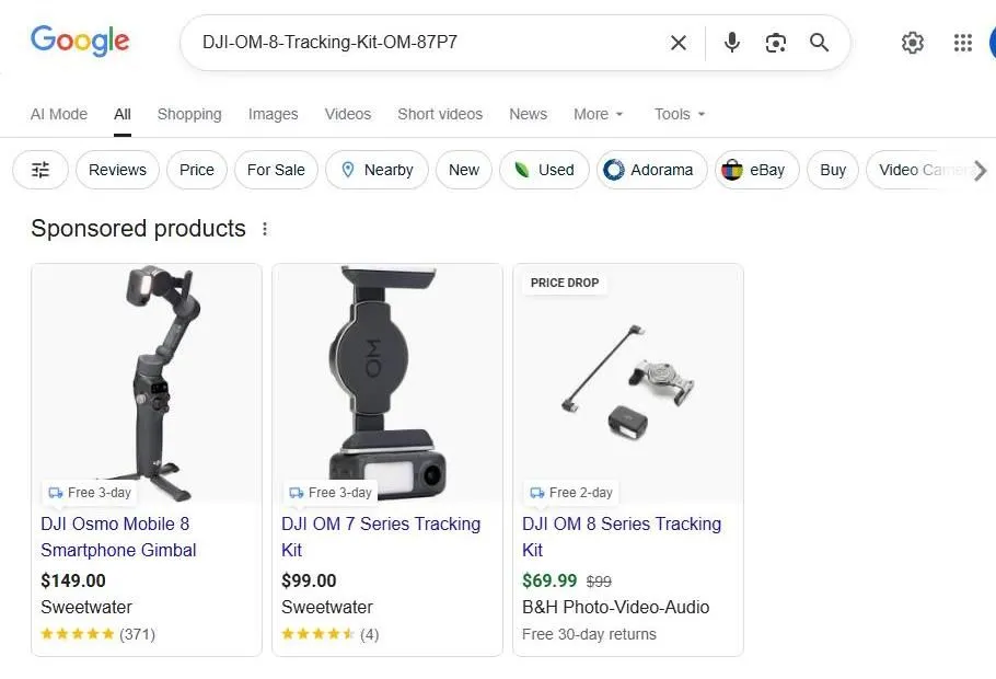Google search results for DJI Osmo Mobile tracking kits