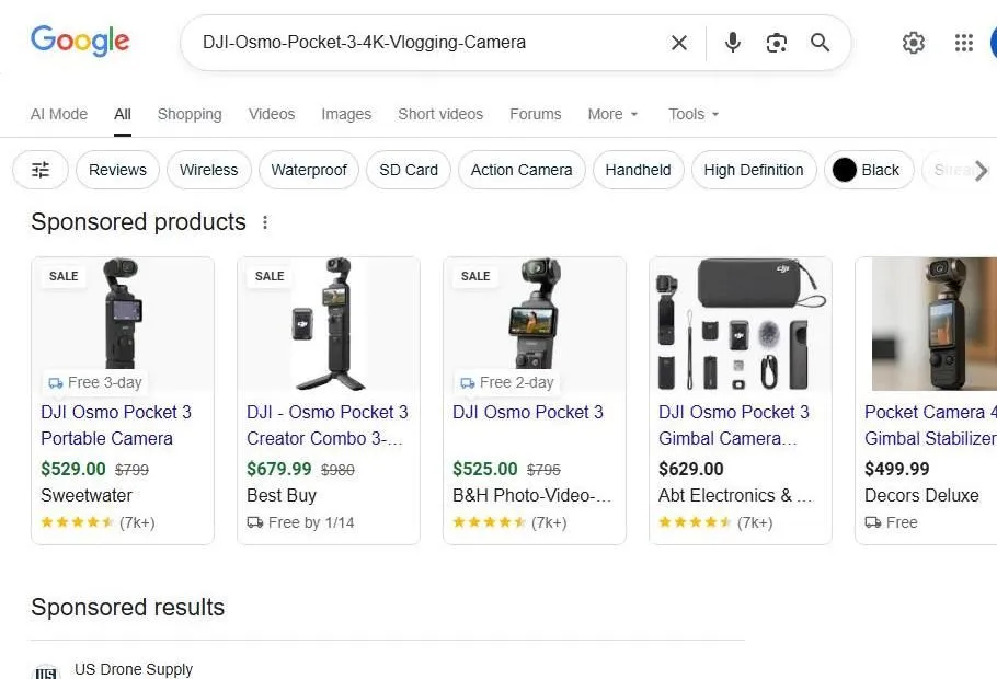 Google Search Results for DJI Osmo Pocket 3