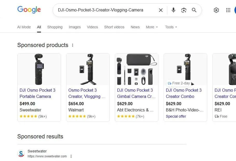Google Search Results for DJI Osmo Pocket 3
