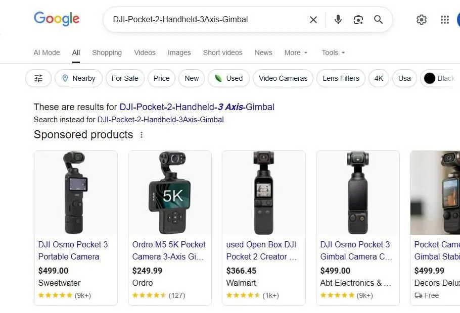Google Search Results for DJI Pocket Cameras