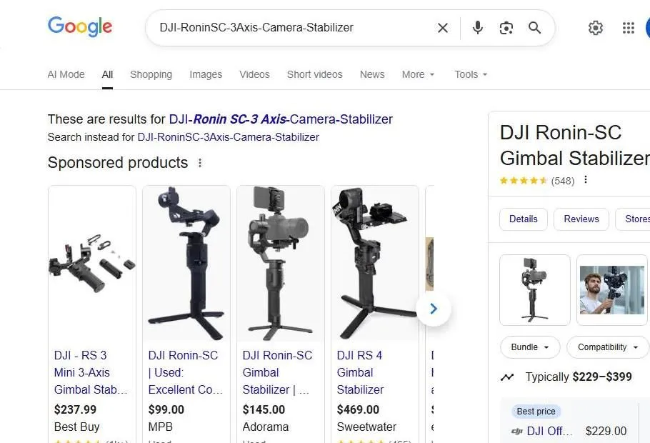 Google Search Results for DJI Ronin SC Gimbal