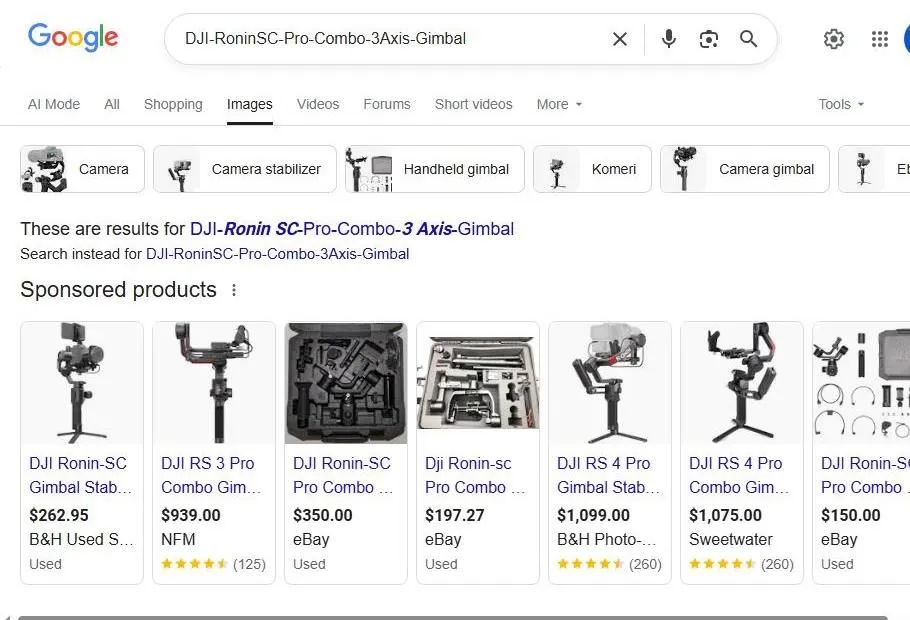 Google Search results for DJI Ronin SC Pro Combo