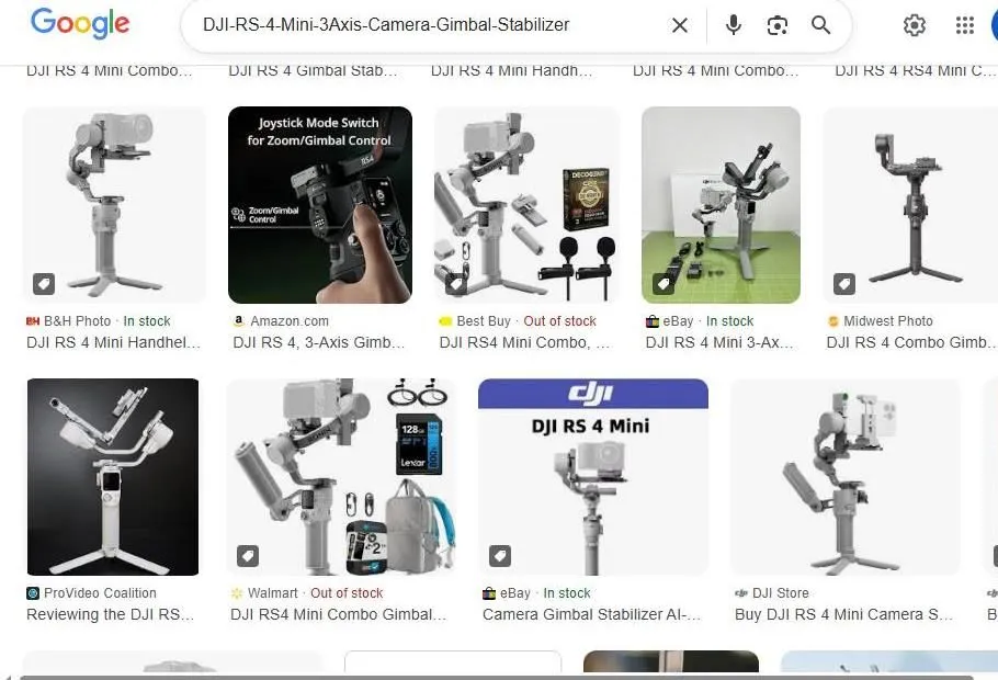 Google Search Results for DJI RS 4 Mini Gimbal