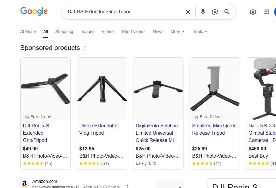 Google search results for DJI RS Extended Grip Tripod