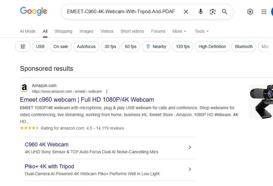 Google Search Results for EMEET C960 4K Webcam