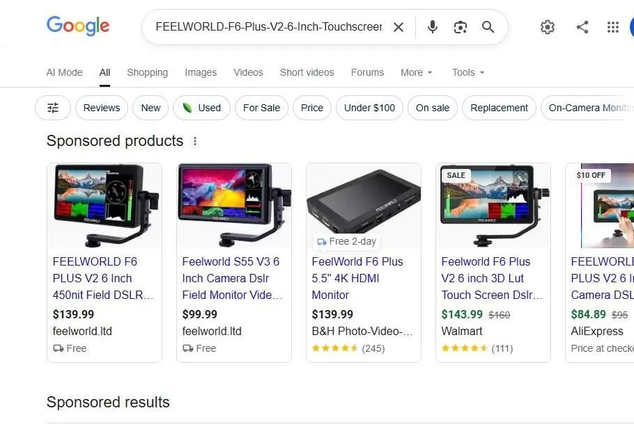 Google Search results for Feelworld F6 Plus V2 camera monitor