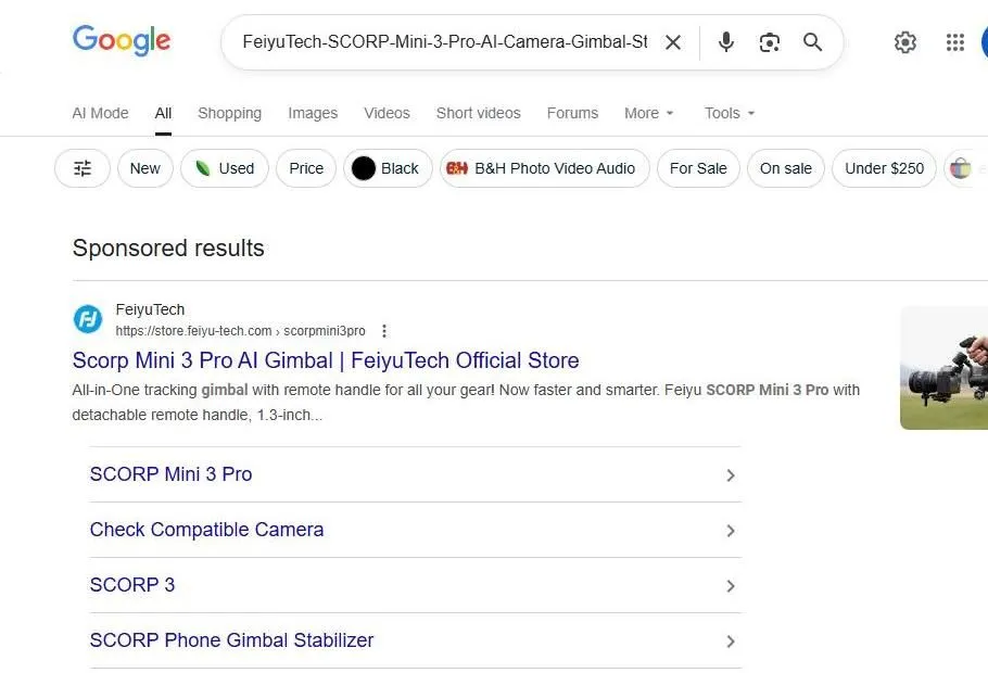 Google Search Results for FeiyuTech SCORP Mini 3 Pro AI Gimbal