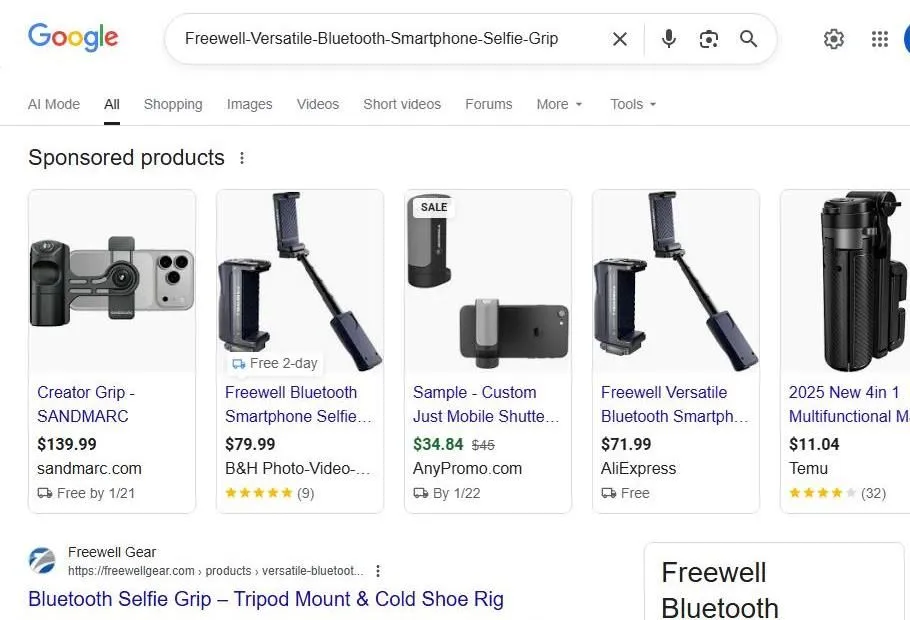 Google Search Results for Freewell Bluetooth Smartphone Selfie Grip